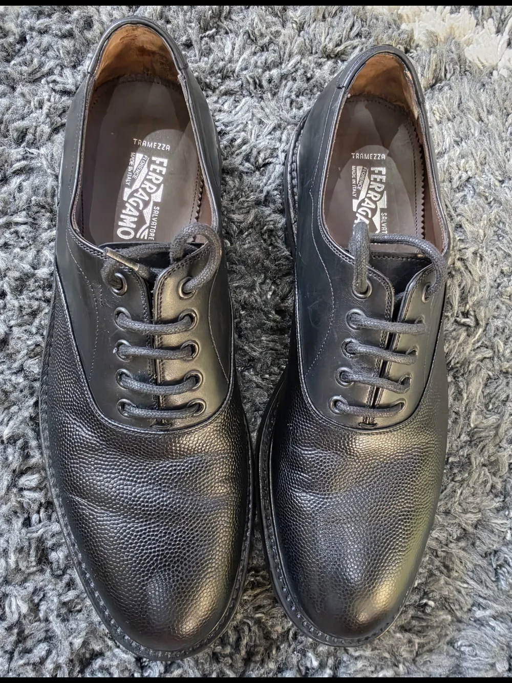 Ferragamo Tramezza Size 9.5M Pebble Leather Plain Toe Oxfords Shoes Black